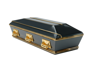Luxurious dark grey coffin with polished gold handles and decorative trim.