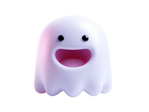 A friendly glossy light pink cartoon ghost with a wide happy smile and round black eyes.