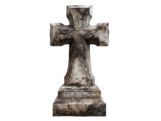 Old weathered stone cross with intricate carvings and a dark textured patina.