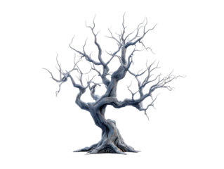 Fantastical ancient tree with gnarled textured blue-grey bark and bare branches.