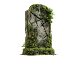 Ancient cracked gray stone tombstone overgrown with vibrant green moss and foliage.