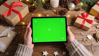 Overhead view of hands holding a green screen tablet amidst festive Christmas gifts and decorations on a rustic wooden table.