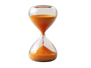 Elegant transparent glass hourglass with shimmering orange sand flowing through its narrow neck.