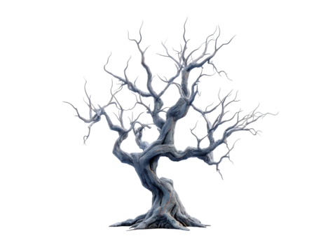 Fantastical ancient tree with gnarled textured blue-grey bark and bare branches.