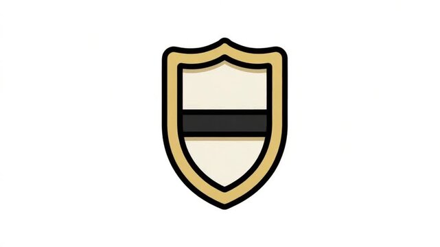 Stylized shield icon with a tan outline and a horizontal black bar on a white field
