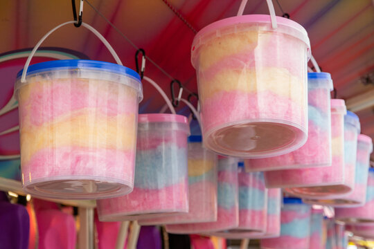 Buckets of fairy floss on display in food truck at showground during country show