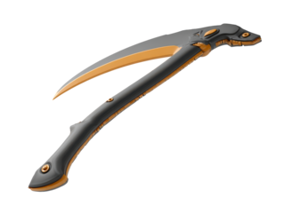 Sleek futuristic scythe with a sharp curved gold and grey blade and a black ergonomic handle.