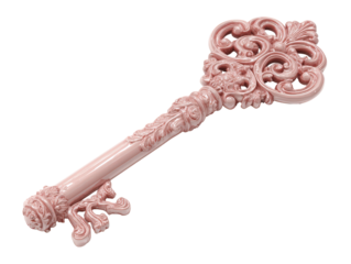 Elegant pink vintage key with ornate baroque scrollwork and a glossy ceramic finish.