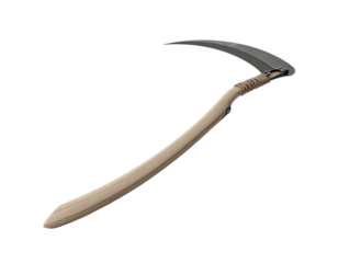 Rustic scythe with a curved wooden handle dark forged metal blade and rope-wrapped grip.