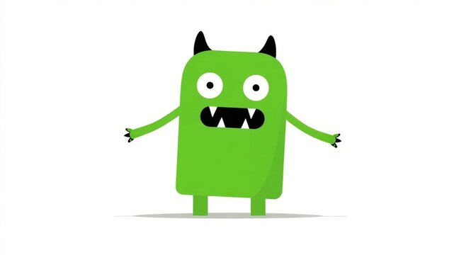 Simple cartoon illustration of a friendly green monster with horns and jagged teeth