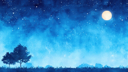 Serene watercolor illustration depicting night sky filled with stars and bright moon, complemented by silhouette of tree