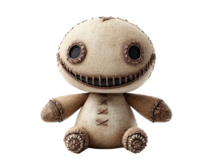 A creepy burlap doll with a wide stitched smile hollow eyes and detailed feet sitting.