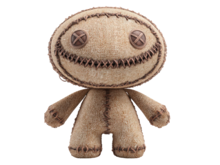 Creepy burlap sack doll with stitched button eyes and a wide spooky grin.