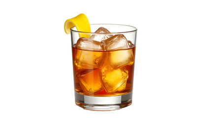 Close-up of a classic Old Fashioned cocktail in a clear, short glass filled with large ice cubes. The amber-colored drink is garnished with a twist of fresh lemon peel resting on the rim. 