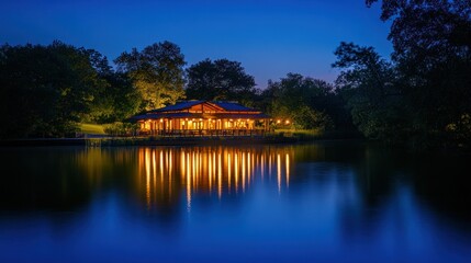 Tranquil wooden gazebo at twilight on a serene lake, illuminated by warm lights reflecting on the water, surrounded by trees.