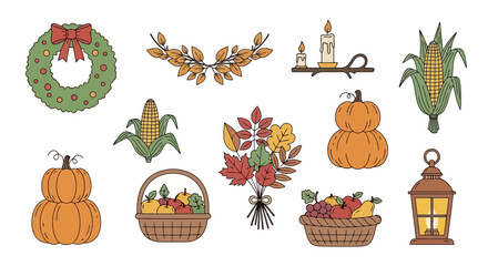 Festive Autumnal Harvest Elements for Thanksgiving and Holiday Season Decor, Suitable for Greeting Cards, Invitations, and Seasonal Design Projects.