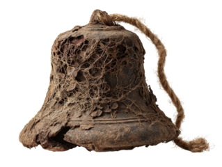 Ancient corroded metal bell entangled in a web of roots with a thick frayed rope.