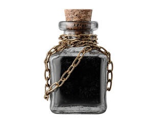 Square glass bottle with black powder sealed with a cork stopper and wrapped in a golden chain.