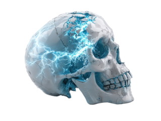 A futuristic fractured skull with glowing blue electrical energy emanating from its cracks.