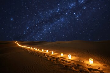 Stunning desert night scene with lanterns illuminating a path under a mesmerizing starry sky, perfect for travel, adventure, and meditation.