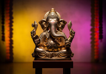 Obraz premium A magnificent golden Ganesha idol, crafted from metal, stands majestically against a vibrant, color-washed background, symbolizing the divine and festive spirit.