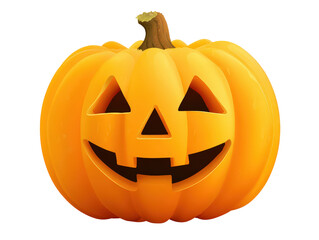 Classic orange Halloween Jack-o-lantern with a happy smiling carved face and brown stem.