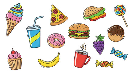 Colorful Food Illustration Featuring Popular Fast Food Items and Treats, Suitable for Menu Designs and Nutritional Education Materials.