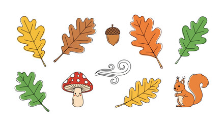 Autumnal Vector Illustration with Oak Leaves, Acorn, Mushroom, Squirrel, and Wind Swirl for Seasonal Designs and Educational Resources