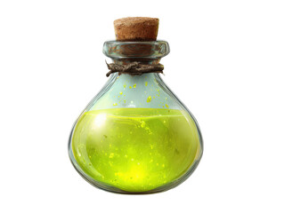 A cork-stoppered glass flask filled with a sparkling luminous yellow-green magic potion.