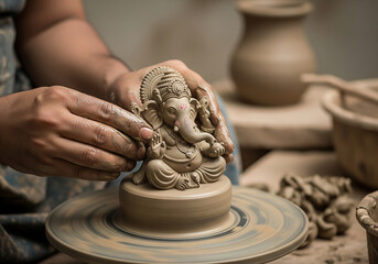 A skilled Indian potter's hands meticulously sculpt a Ganesha idol from natural clay on a pottery wheel, showcasing traditional craftsmanship and art.