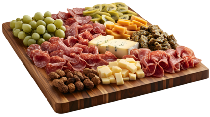 An artfully presented charcuterie board with a diverse assortment of cured meats, gourmet cheeses, fresh grapes, and savory nuts, ideal for elegant entertaining.