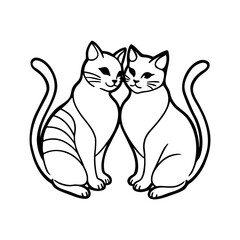 Two stylized outline drawings of domestic cats sitting together facing each other isolated on white background isolated on transparent background
