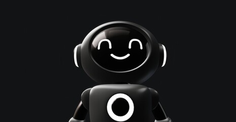 A cheerful robot with a friendly face and glowing smile on a dark background