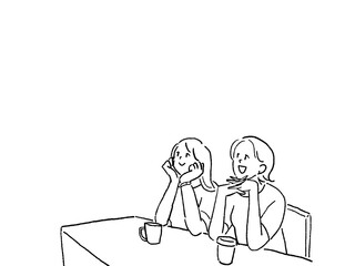 妄想してうっとりする二人の若い女性、線画、
