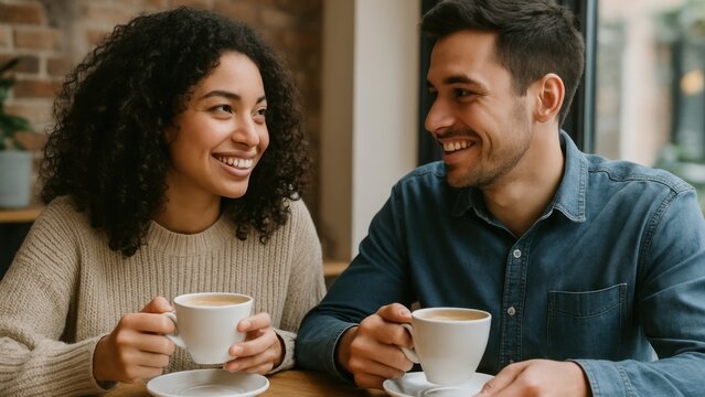 Smiling couple enjoying coffee together.