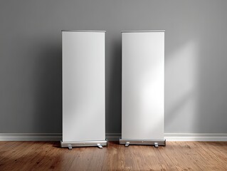 Two blank roll-up banners in a room