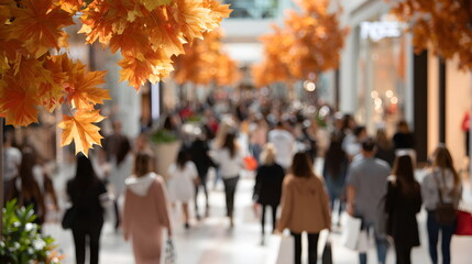 Crowded mall during autumn with shoppers carrying bags  