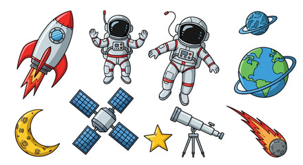 Colorful Space Exploration Elements Featuring Astronauts, Rocket, and Planets for Educational Materials and Children's Illustrations