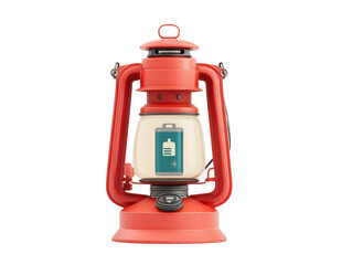 A vibrant red retro-style hurricane lantern with a modern battery icon inside blending vintage design with new technology.
