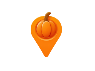 A glossy orange map pin icon featuring a stylized pumpkin a modern symbol for autumn locations and Halloween events.