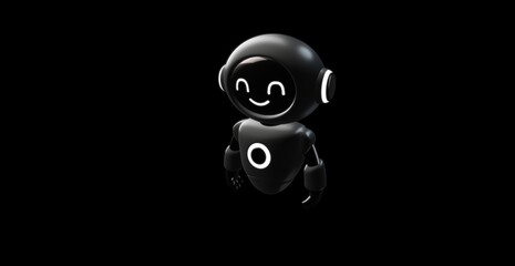 A cute robot character with a smile on black background.