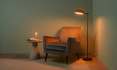 Cozy corner chair lit by lamp and candle