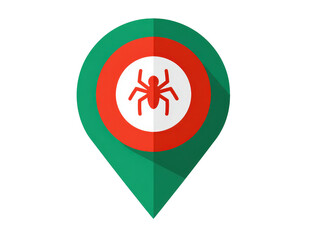 Green location pin with a red target circle and a stylized spider bug icon flat design style.