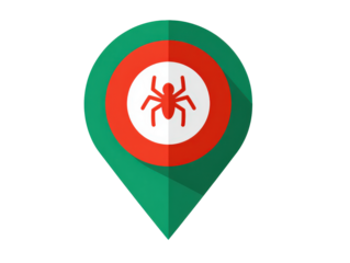 Green location pin with a red target circle and a stylized spider bug icon flat design style.