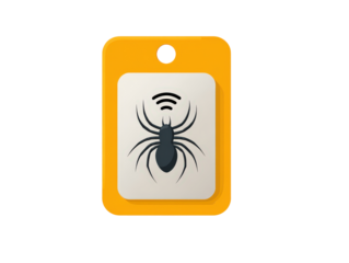 Yellow retail security tag with a black spider emblem and a wireless signal icon.