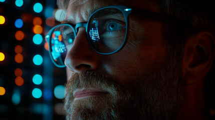 Profile view of contemplative bearded man wearing glasses, with mesmerizing blue digital information and code reflecting in lenses against blurred background of colorful tech lights