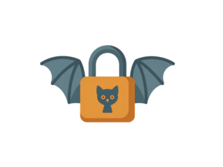 A whimsical Halloween padlock illustration with a cat silhouette emblem and spooky blue bat wings.