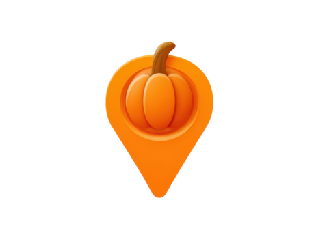 A glossy orange map pin icon featuring a stylized pumpkin a modern symbol for autumn locations and Halloween events.