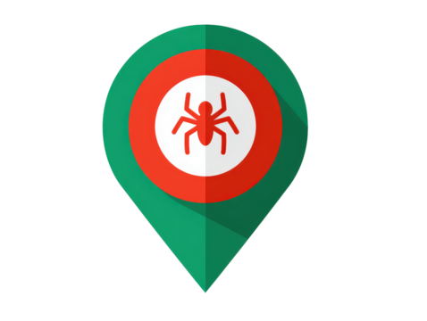 Green location pin with a red target circle and a stylized spider bug icon flat design style.