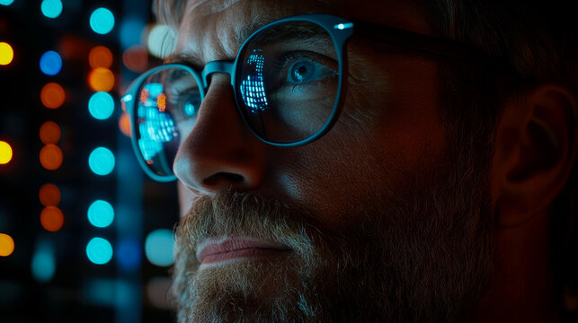Profile view of contemplative bearded man wearing glasses, with mesmerizing blue digital information and code reflecting in lenses against blurred background of colorful tech lights